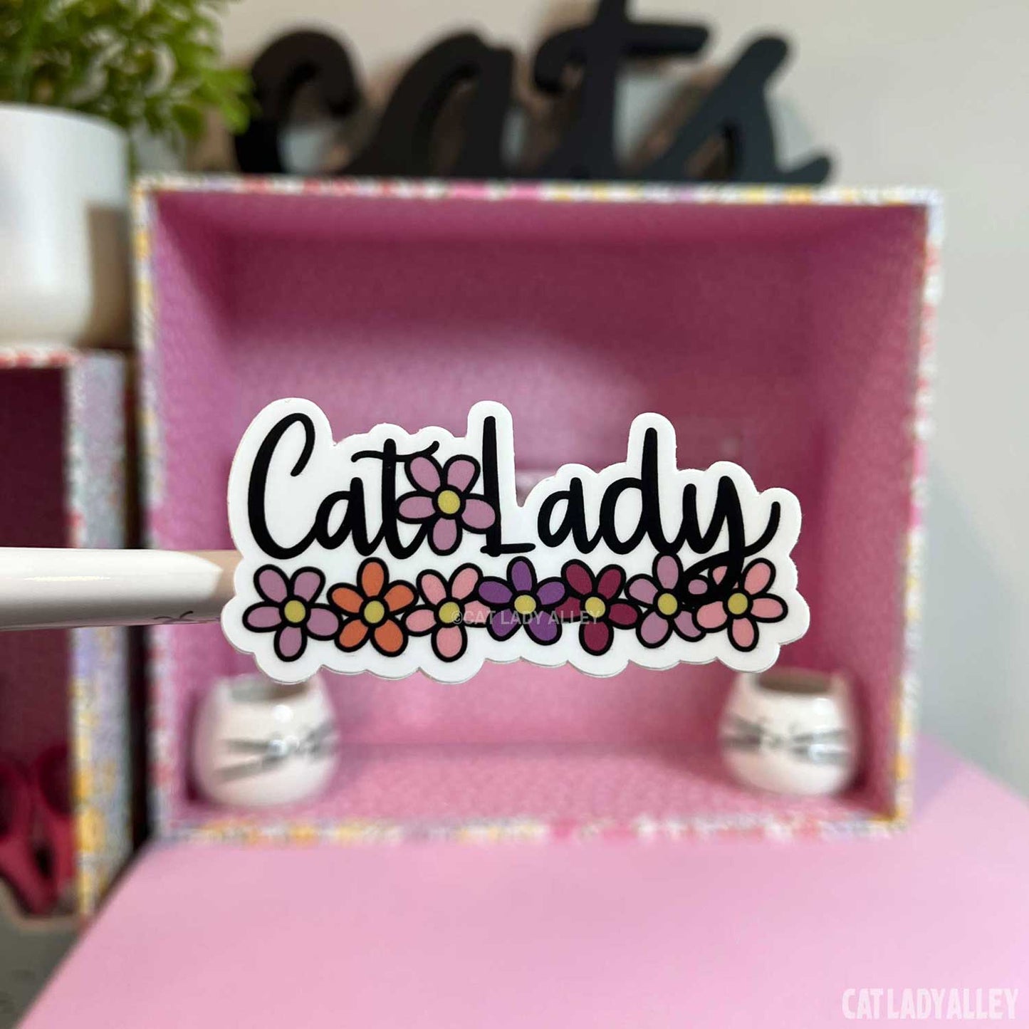 cat lady sticker with flowers