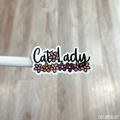 cat lady sticker with flowers