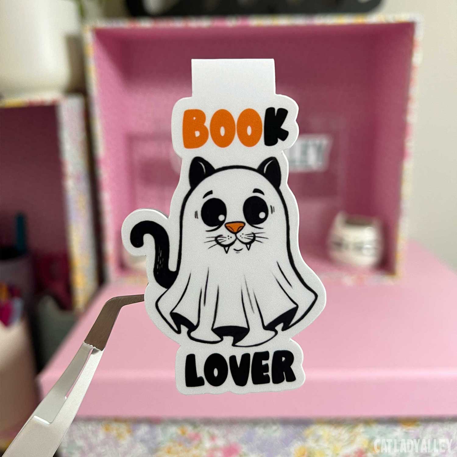 ghost cat illustration with book lover words