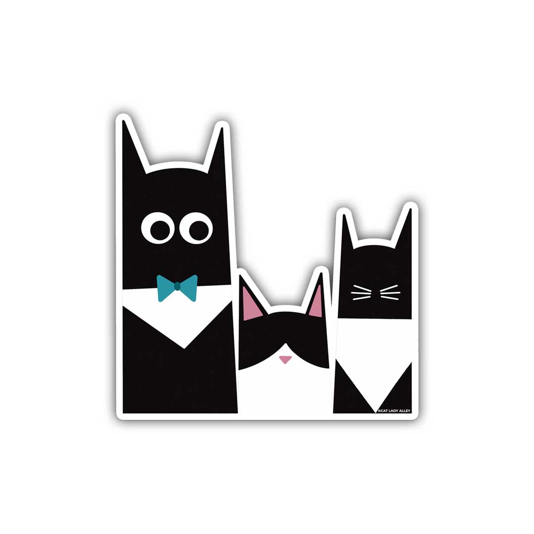 tuxedo cat sticker with three different cats