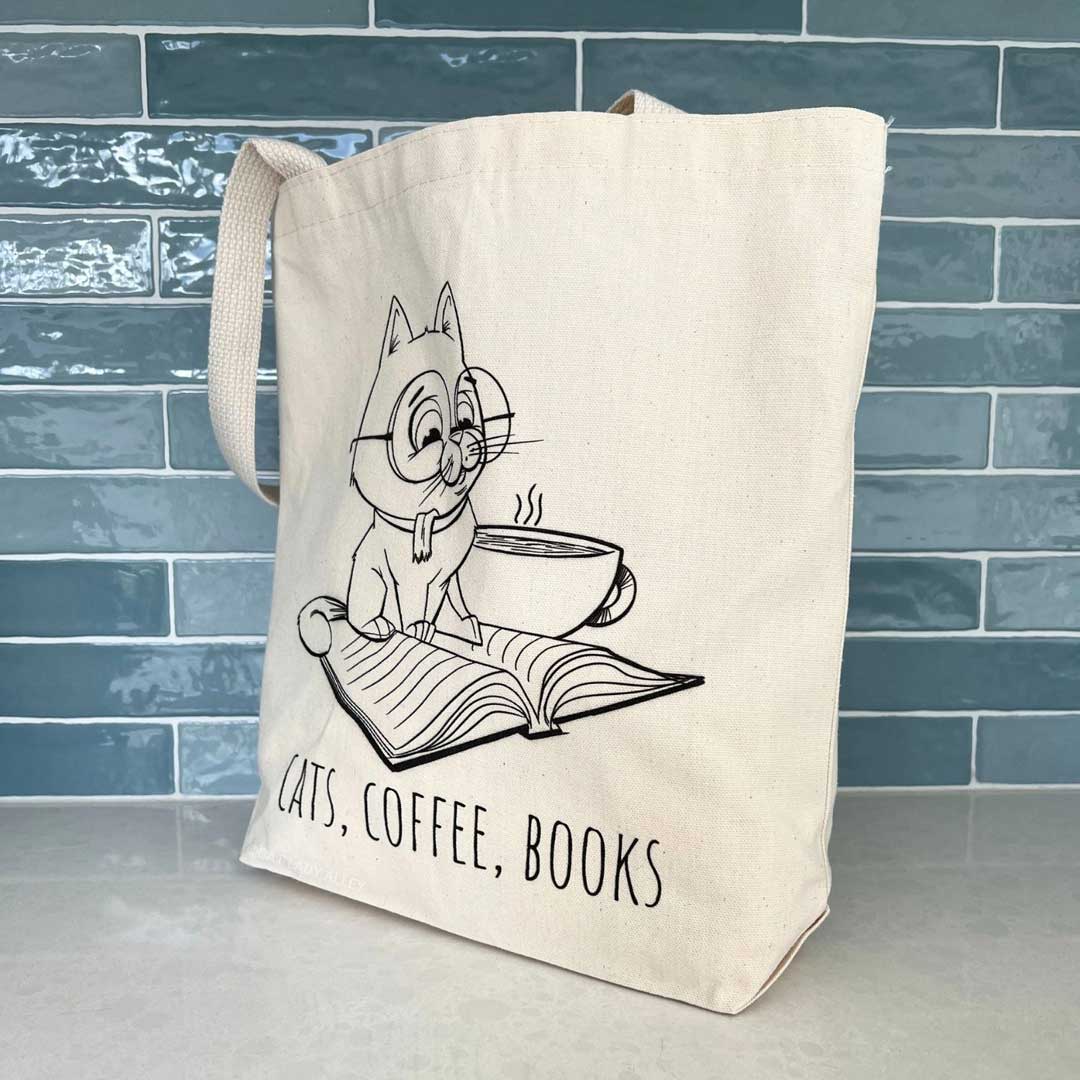 cats, coffee, books canvas tote bag
